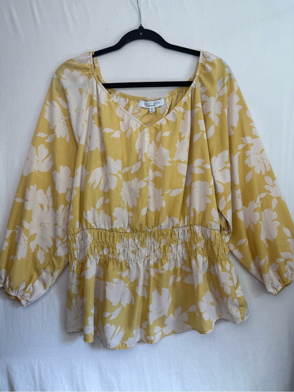 Sweet Rain Yellow Floral Balloon Sleeve Smocked-Waist Blouse Size 2X